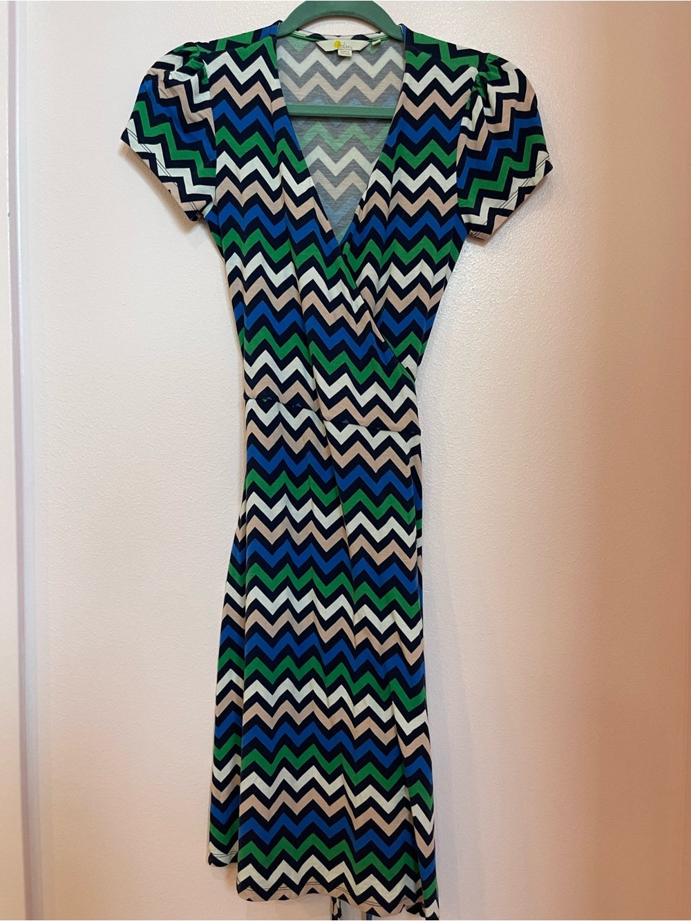 Boden Chevron Wrap Midi Dress in Blue, Green & White